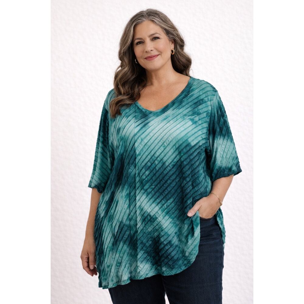 Catherines Aqua Blue Green Tie Dye Short Sleeve Blouse Work Office Womens 2x